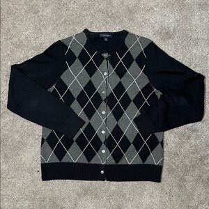Land’s End Argyle Sweater Cardigan 100% Cotton Black Grey Academia Small